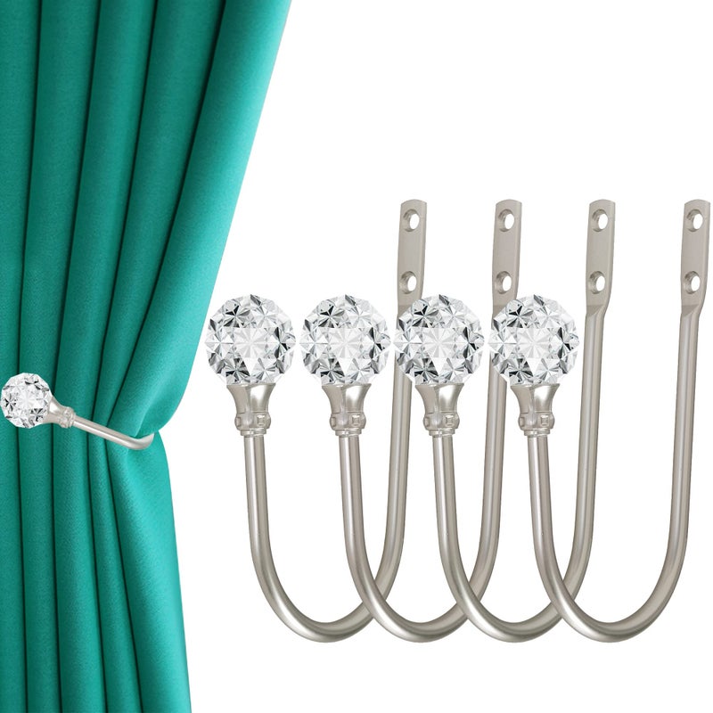 HEMOUR Curtain Holdback, 4Pcs Wall Mounted Drapery Tiebacks with Clear Crystal Ball, Heavy Duty Metal Decorative Window Drapery Curtain Holder Curtain Hooks with Screws, Sliver - Image 1